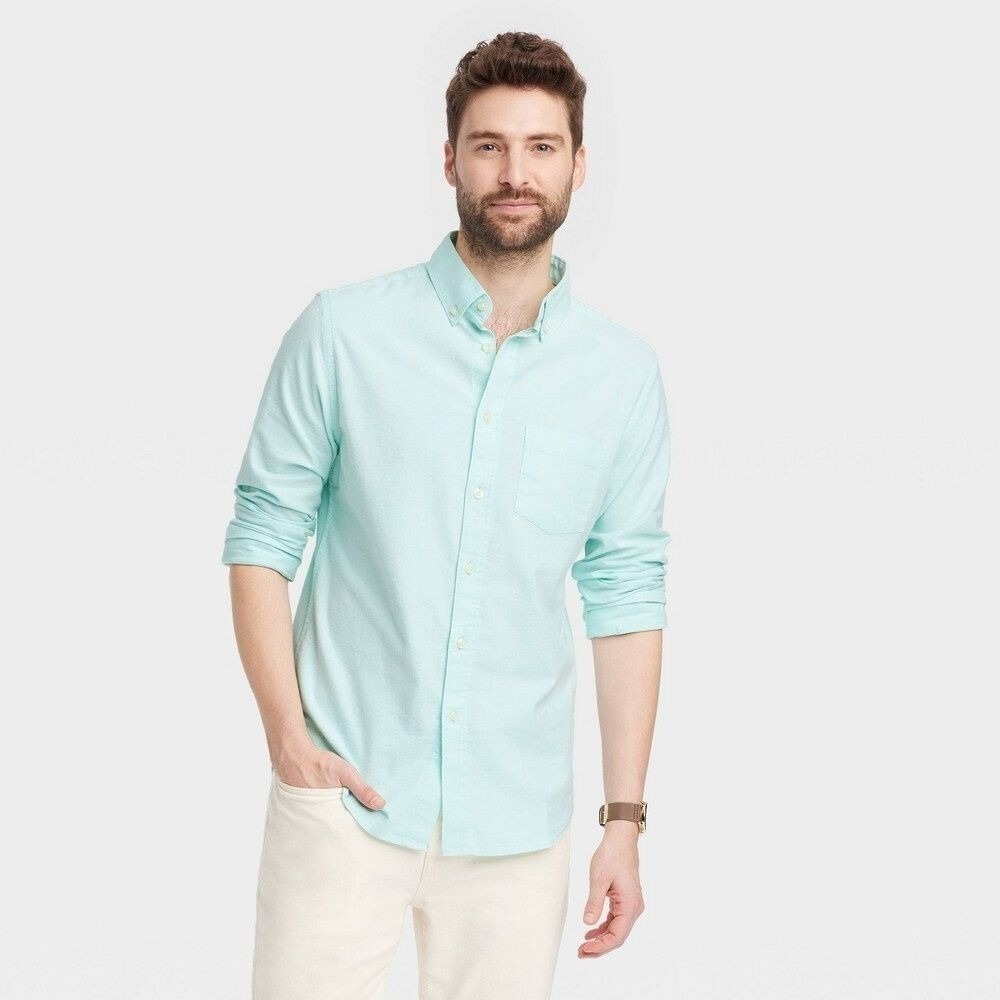 Men's Long Sleeve Collared Button-Down Shirt - Goodfellow & Co™ Blue Small